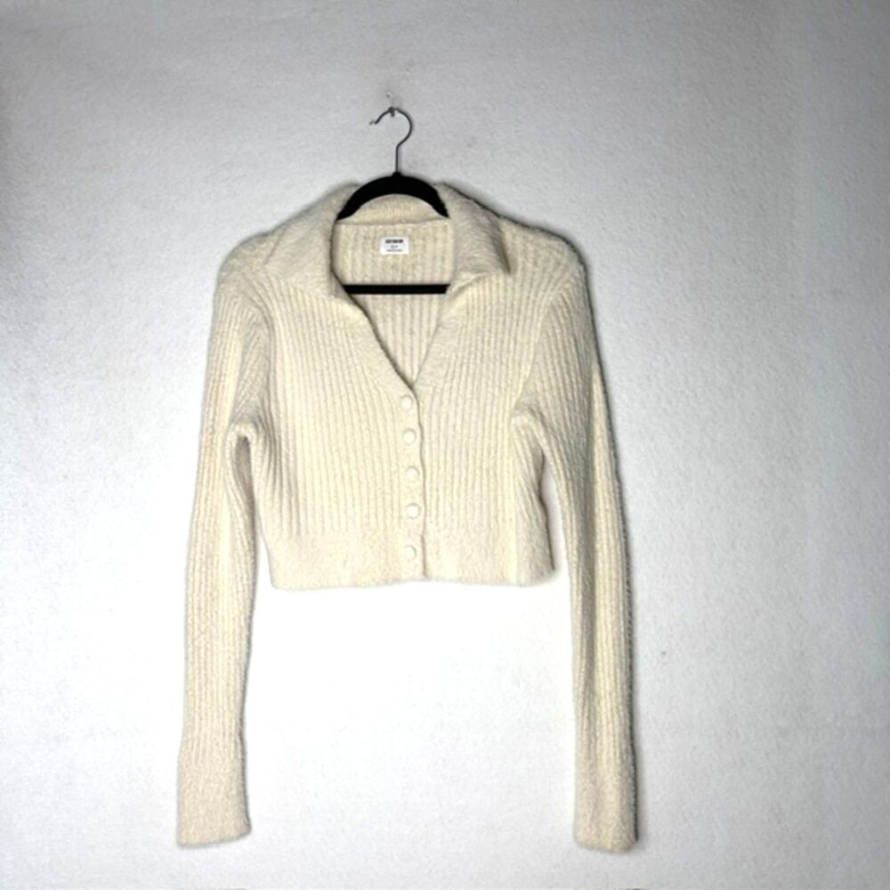 Cotton On Cream Fuzzy Collared Cropped Cardigan Sweater Small